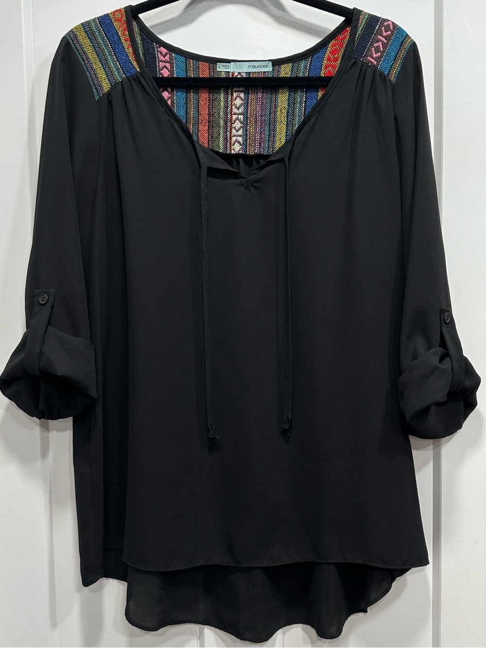 Black Tie-Front Blouse with Multicolor Embroidered Yoke - Size Large